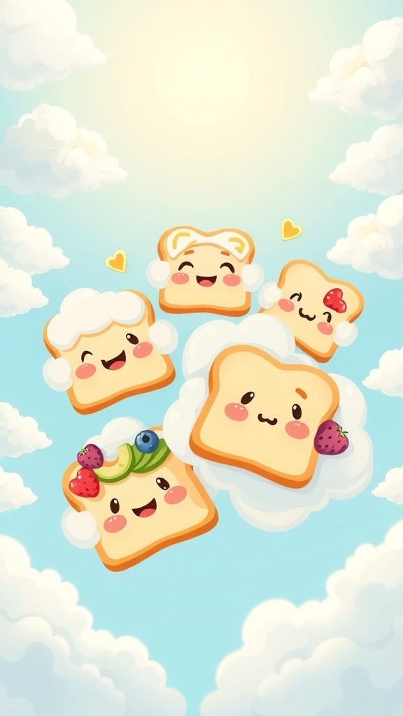 Fluffy Cloud Bread Recipe A cartoon poster of fluffy cloud bread pieces with happy faces and colorful toppings in a bright sky.